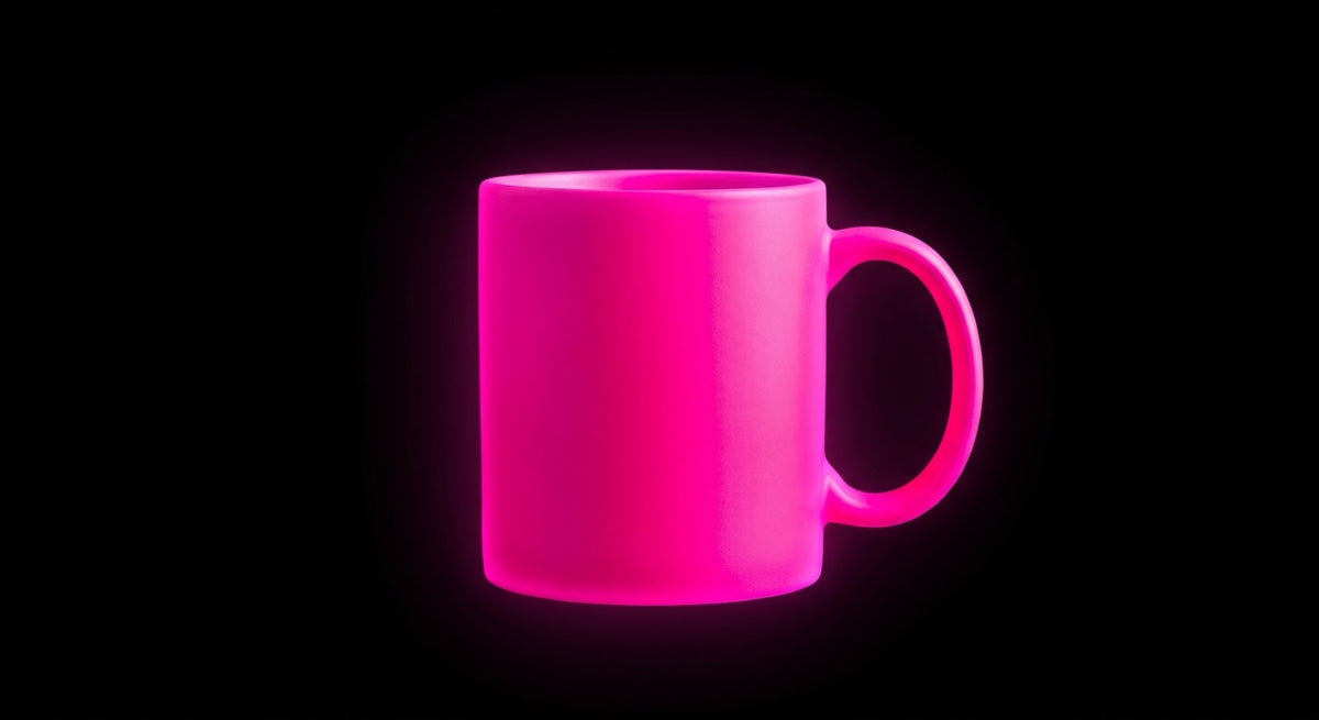 Neon-Tasse in Pink vor schwarzem Hintergrund